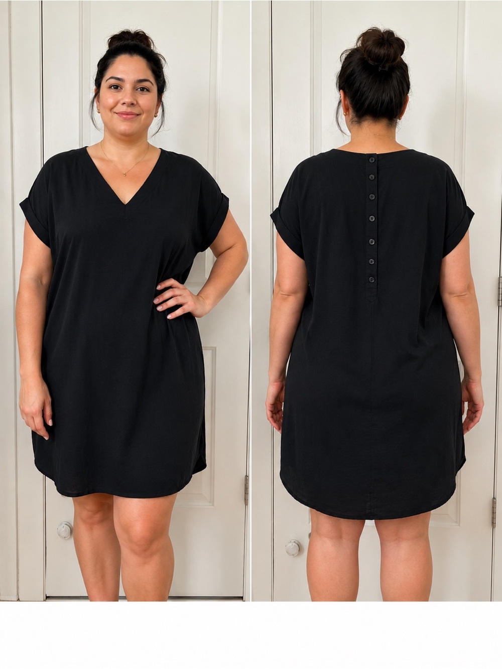 Old Navy Linen Blend Shift Dress Black Tunic V Neck Button Back XL